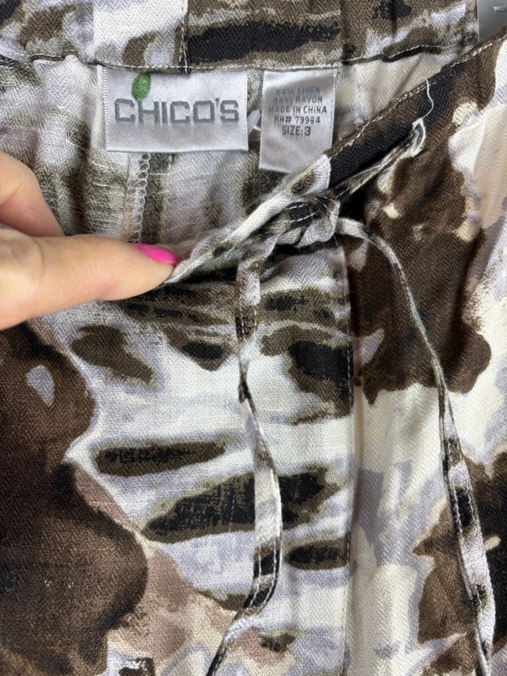 Chico's Linen Blend Leopard Print Wide Leg Pants Drawstring Elastic Waist 3/Lge